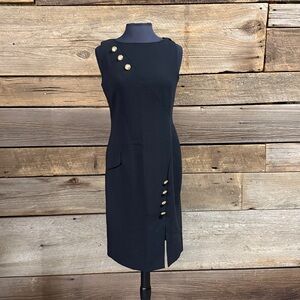 Tahari Arthur S. Levine Black sleeveless dress with gold buttons